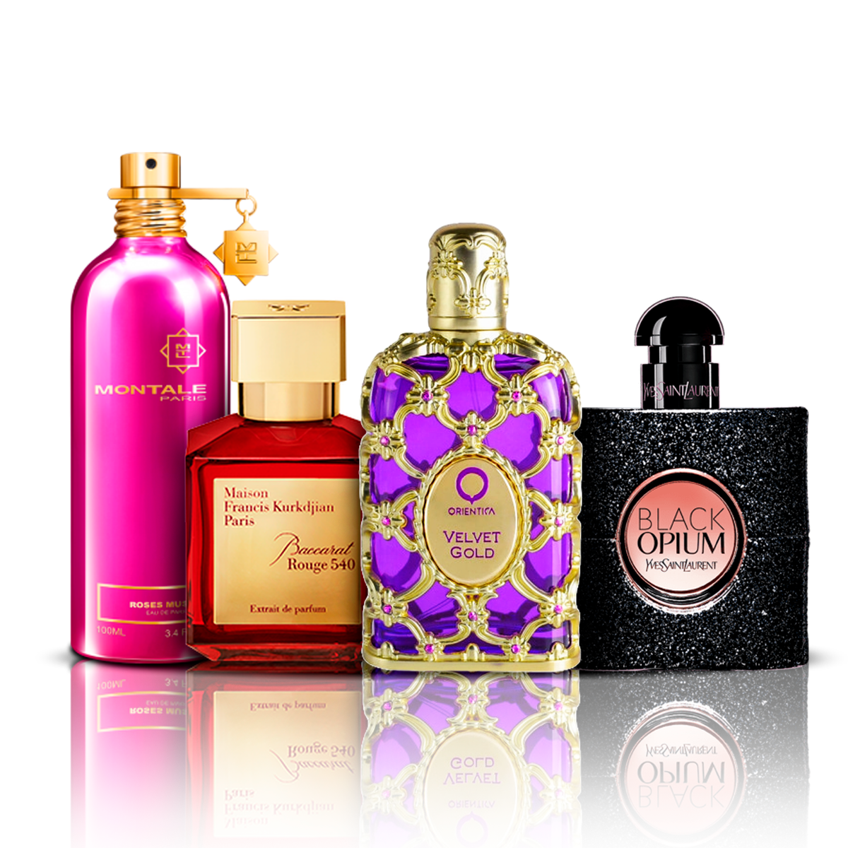 Conjunto 4 Perfumes | Orientica Velvet Gold + Baccarat Rouge + Black Opium + Montale Roses Musk 100 ml